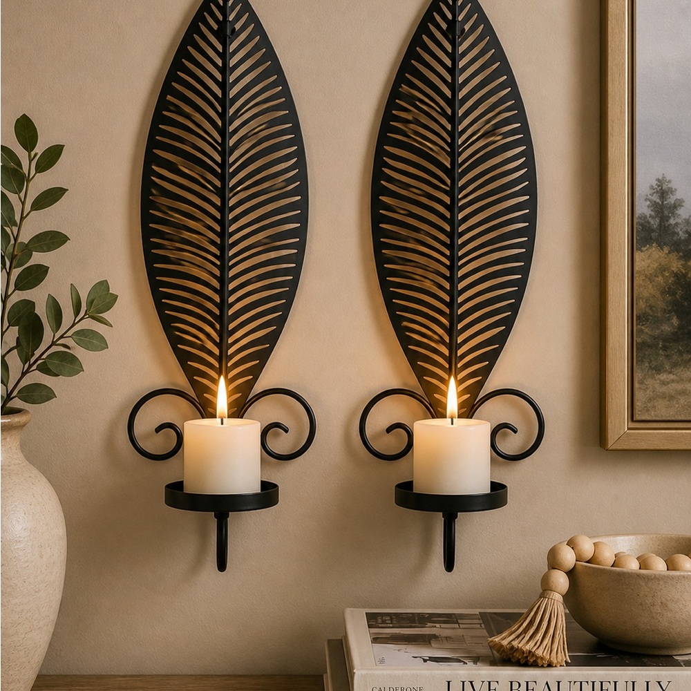 Vintage style Metal Leaf Wall Candle Sconces - Black (Set of 2)